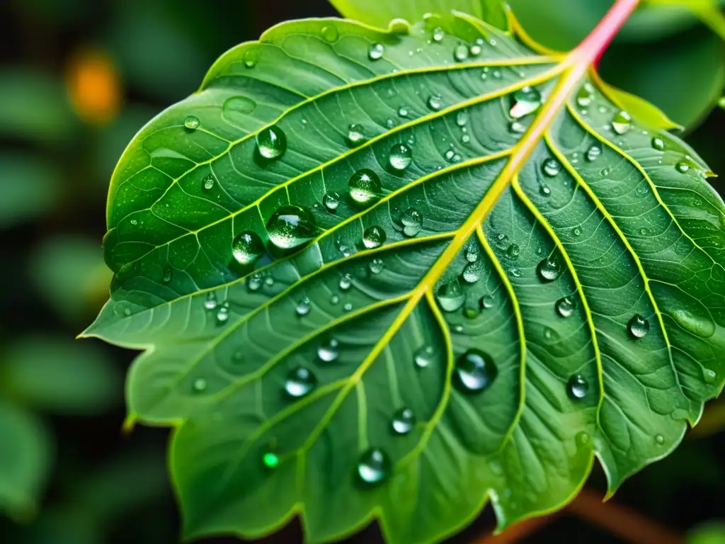 Gotas de agua en hojas brillantes de planta de interior, resaltando la importancia de la calidad del agua para plantas de interior