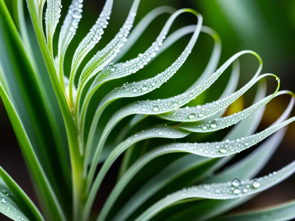 Gotas de agua resplandecen sobre las hojas plateado-verdosas de una Tillandsia, mostrando la importancia de la humedad en Tillandsias