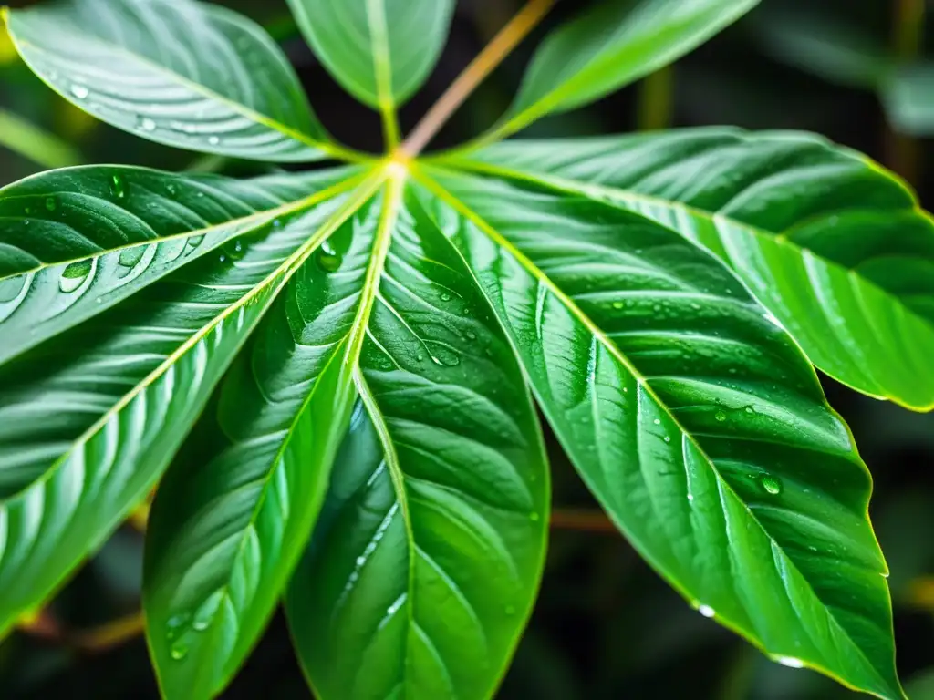 Las gotas de agua brillan sobre las hojas verdes de una planta de interior, creando un efecto visual refrescante