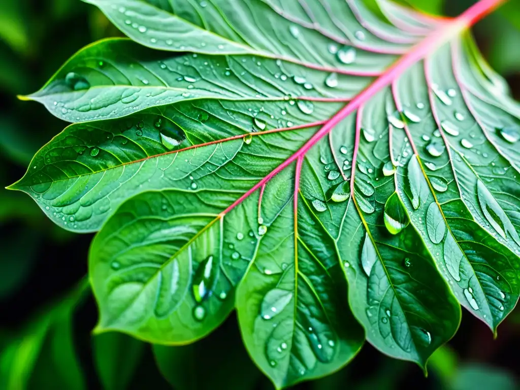 Gotas de agua brillando sobre hojas verdes de Caladium, creando un efecto etéreo