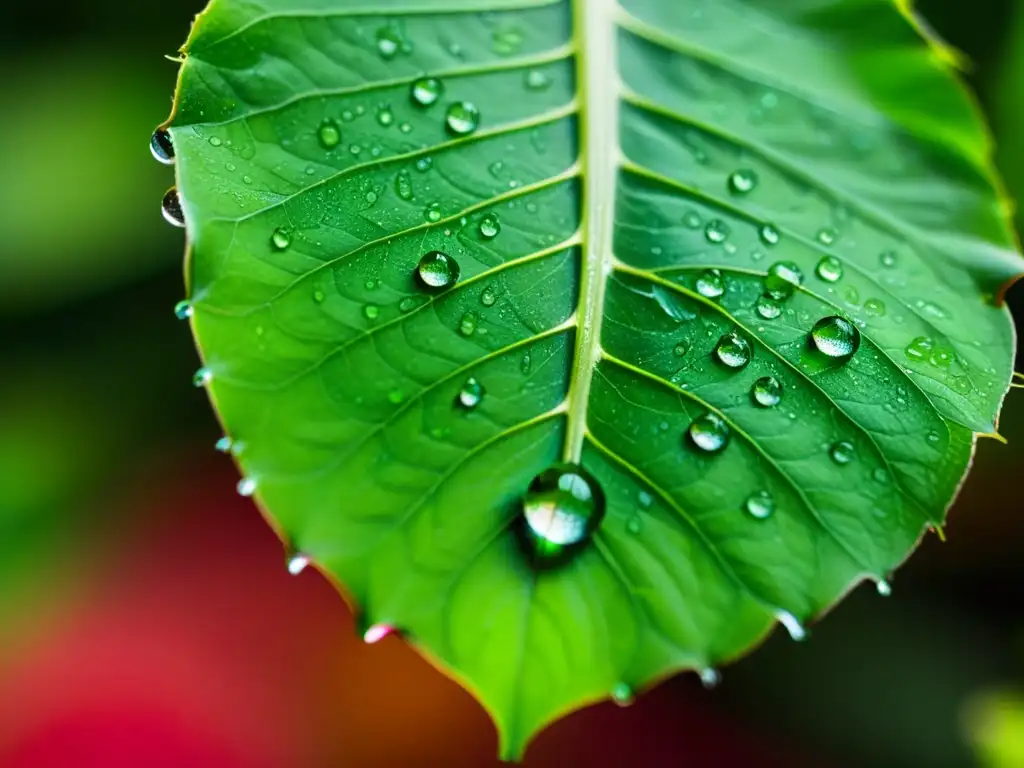 Gotas de agua sobre hojas verdes crean un mundo en miniatura