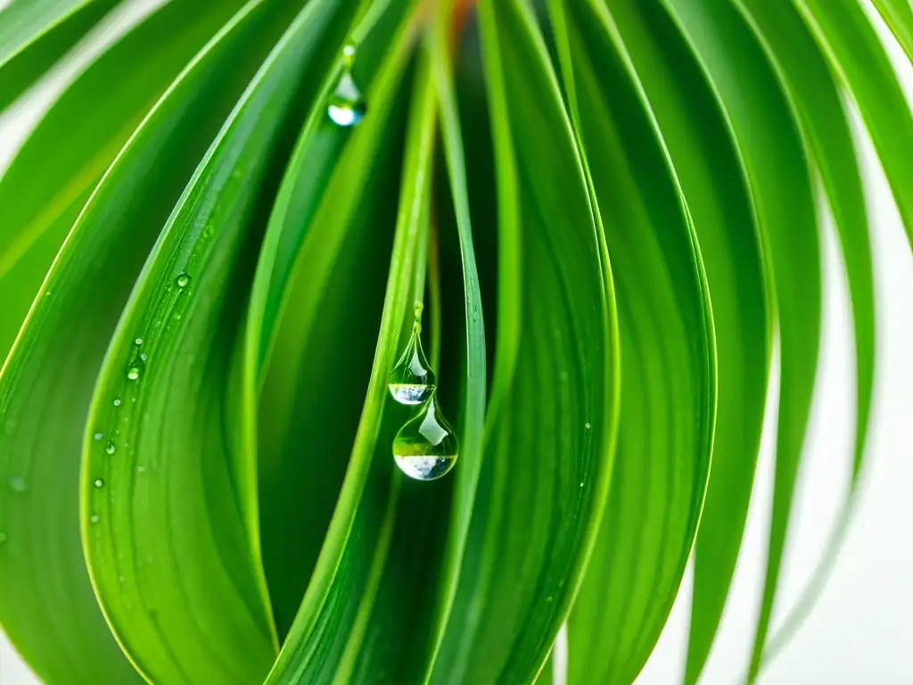 Gotas de agua sobre hojas verdes de planta araña en primer plano