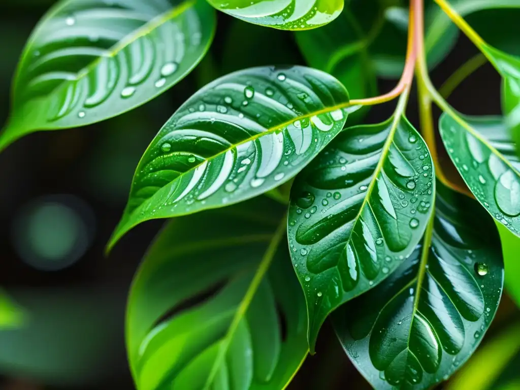 Gotas de lluvia en hojas verdes brillantes, reflejando la luz como diminutos espejos