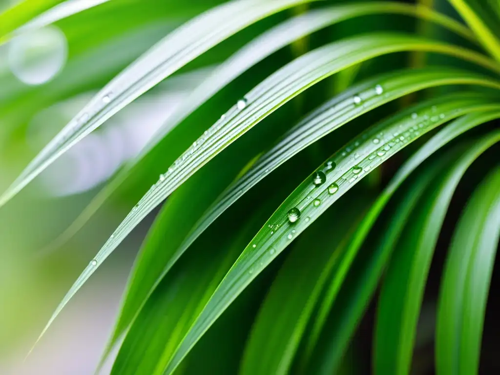 Gotas de lluvia sobre hojas verdes de planta araña, mostrando la belleza delicada de la interacción entre el agua y la planta