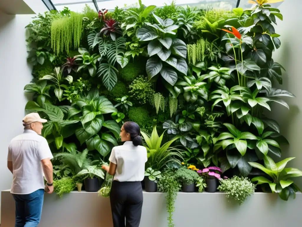 Un grupo de apasionados jardineros de interior cuida con esmero un exuberante jardín vertical, creando un oasis de belleza natural