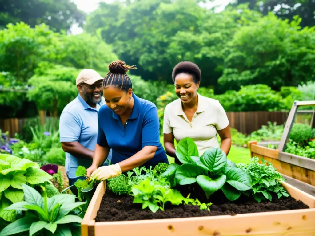 Grupo colaborativo en un exuberante jardín comunitario, aplicando consejos de financiación verde y prácticas sostenibles de jardinería