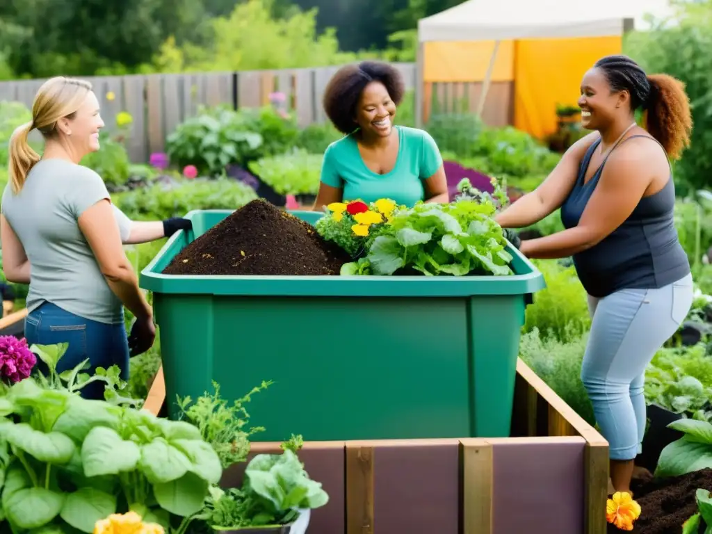 Un grupo diverso colabora en el compostaje colectivo para jardín sostenible entre flores y vegetales coloridos