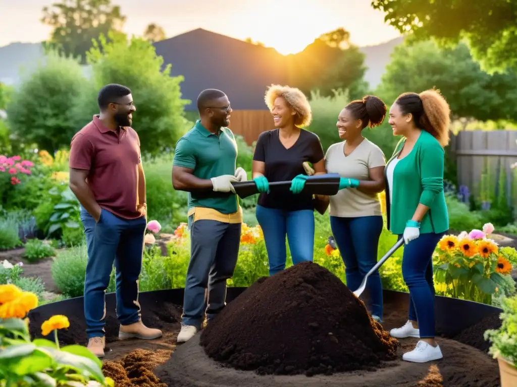 Grupo diverso en jardín comunitario alrededor de compostaje colectivo para jardín sostenible al atardecer