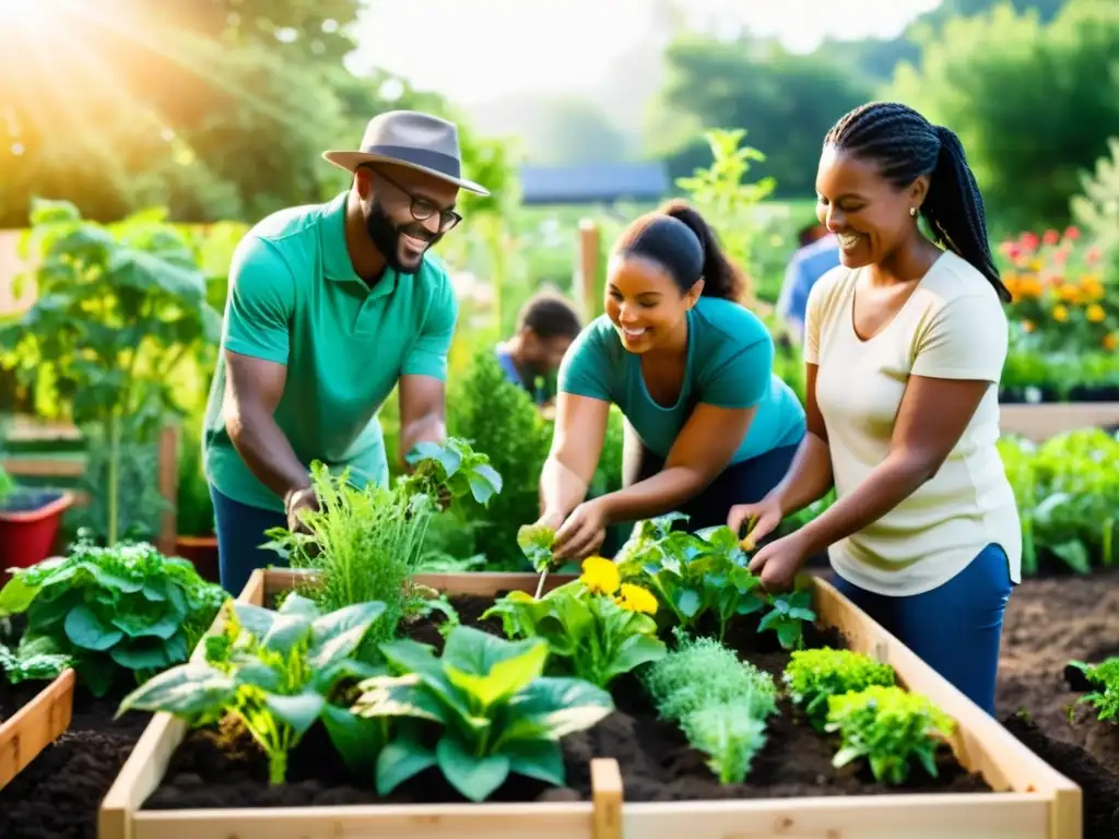 Grupo diverso cuidando jardín comunitario, un espacio armonioso con plantas verdes, flores y vegetales