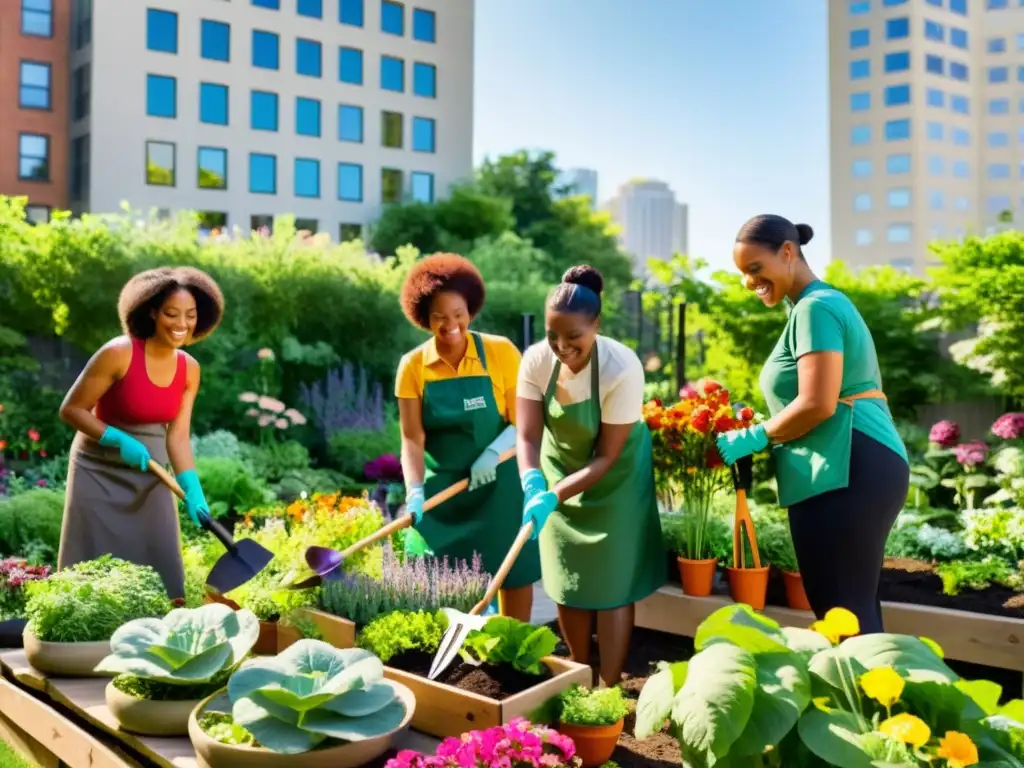 Un grupo diverso cuida con determinación el jardín comunitario urbano, entre flores y vegetales, contrastando con el paisaje urbano