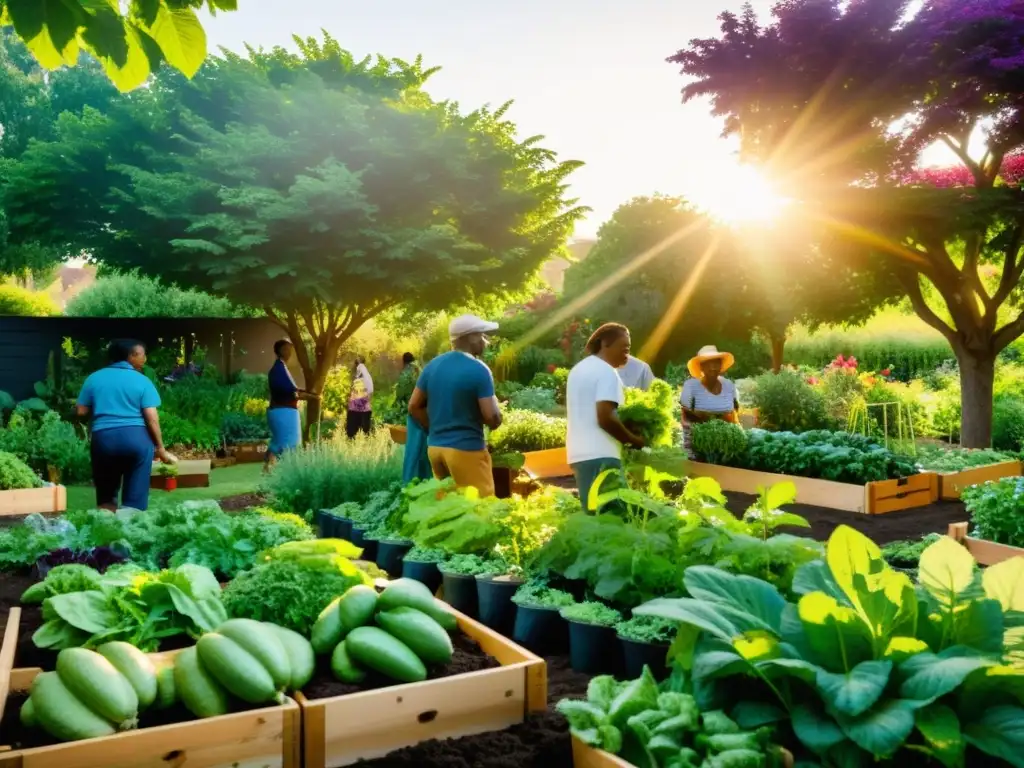 Un grupo diverso colabora en un exuberante jardín comunitario con frutas y verduras listas para el reparto