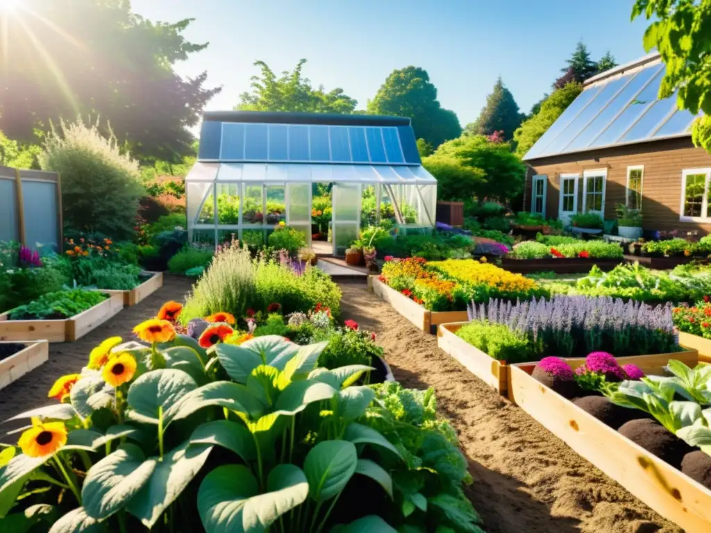 Un grupo diverso cuida un jardín exuberante con flores, hierbas y vegetales