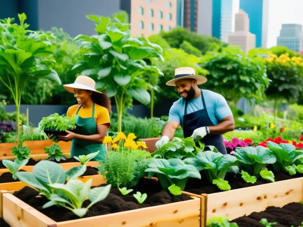 Un grupo diverso de jardineros urbanos cuidando de coloridos huertos elevados llenos de frutas, verduras y flores