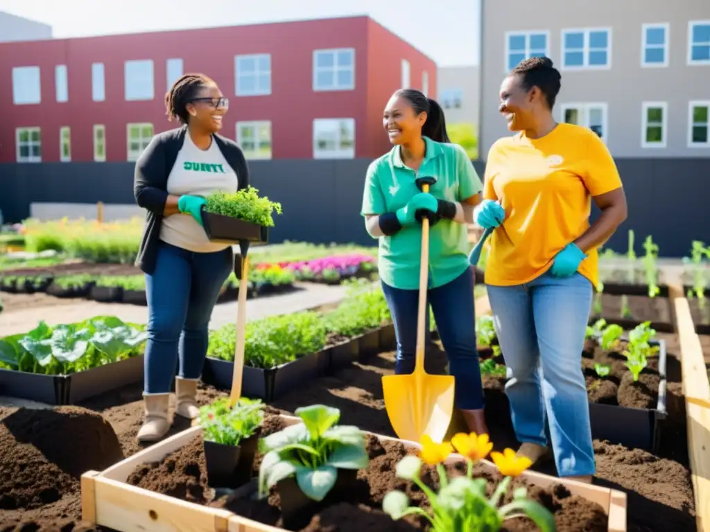 Un grupo diverso de miembros de la comunidad sonrientes prepara un jardín comunitario, cuidando plantas en un día soleado