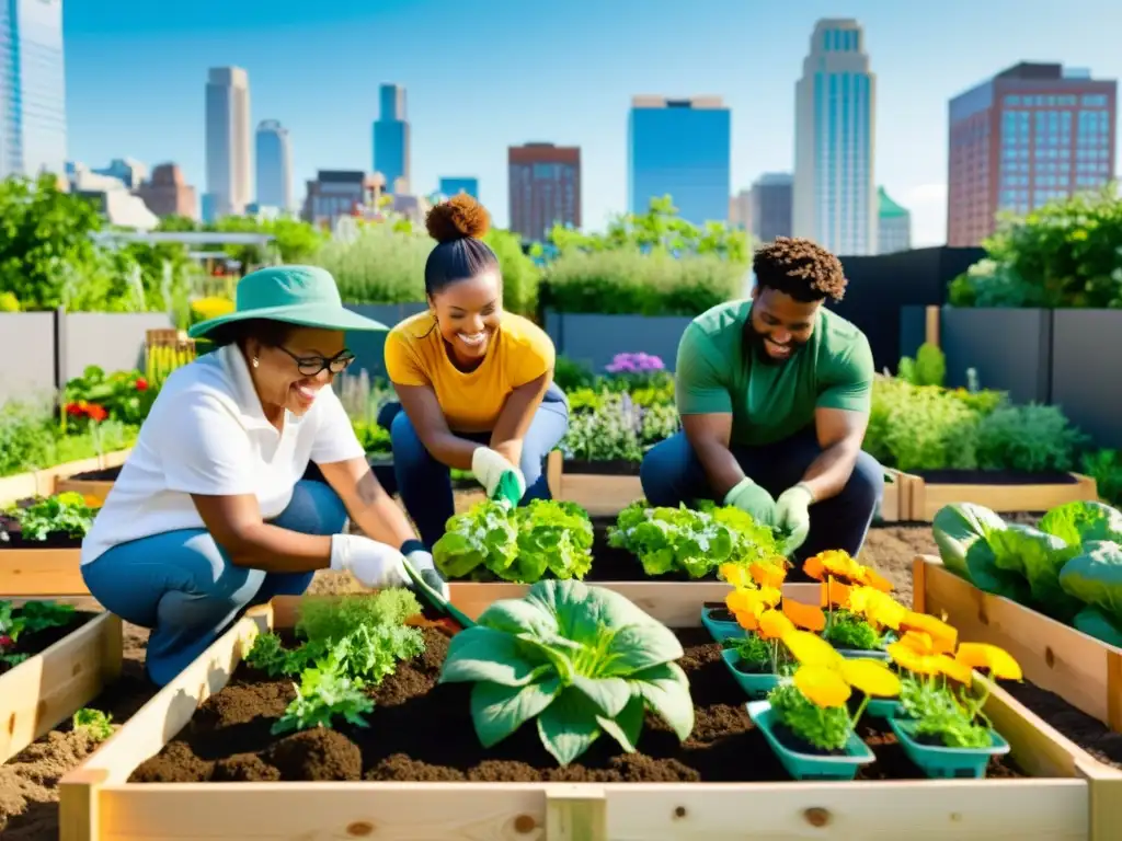 Un grupo diverso de personas se reúne en un jardín urbano, plantando flores y vegetales