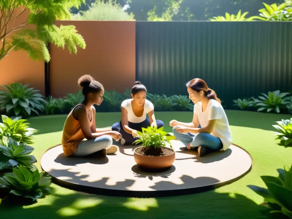 Un grupo diverso cuida de plantas en un jardín tranquilo, reflejando paz y bienestar