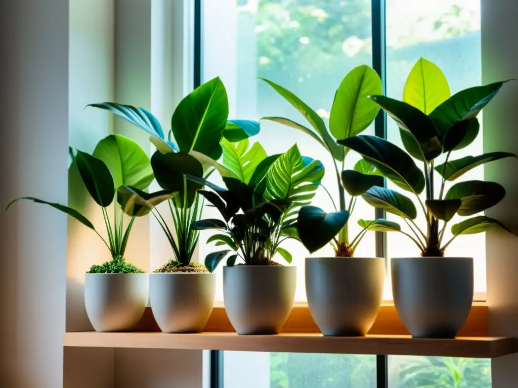 Un grupo de exuberantes plantas de interior en una estantería de madera moderna, bañadas por luz natural