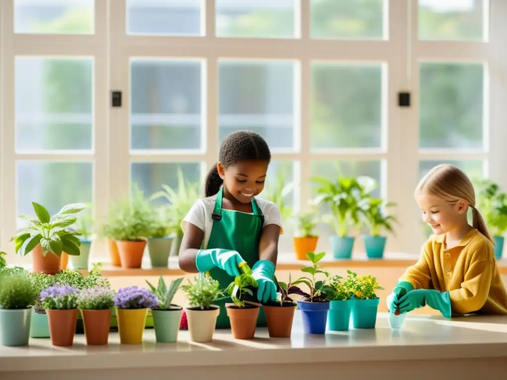 Grupo de niños felices cuidando plantas en un aula luminosa