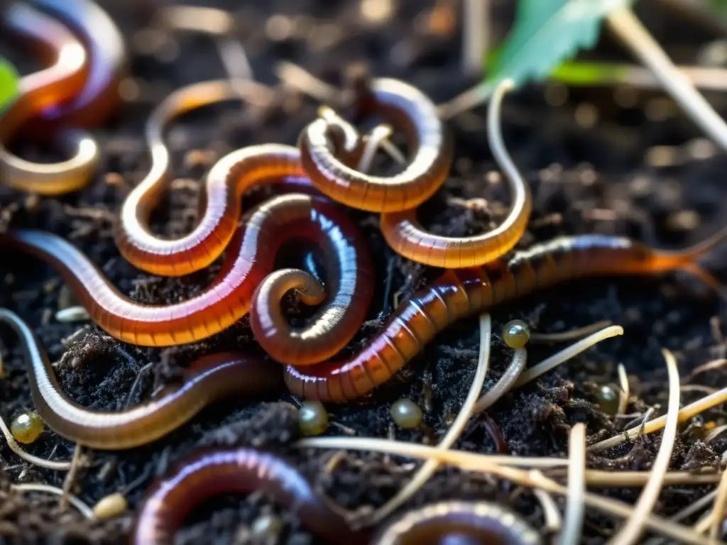 Un grupo de lombrices rojas se contonea en vermicompostaje, destacando su piel iridiscente y los patrones de movimiento en la tierra rica y oscura