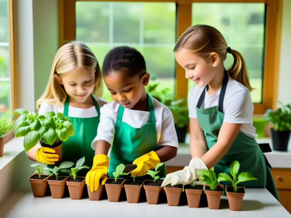 Un grupo de niños cuida con entusiasmo sus plantas en un jardín interior