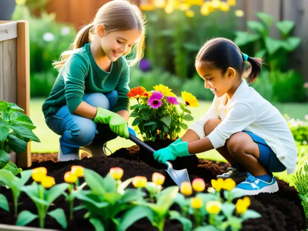 Grupo de niños cuidando un jardín de flores y plantas con alegría