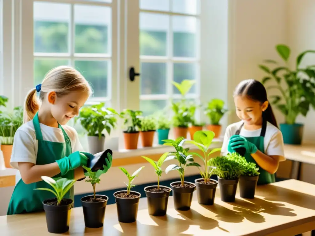 Grupo de niños cuidando plantas en aula luminosa, fomentando la conciencia ambiental en la jardinería interior