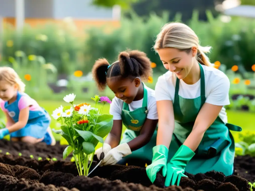 Un grupo de niños plantando semillas en un jardín comunitario, rodeados de plantas verdes y flores coloridas, bajo el cálido sol