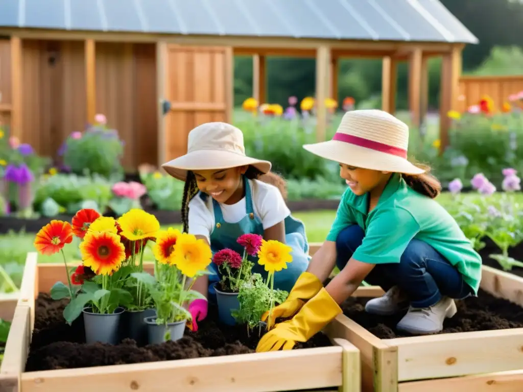 Un grupo de niños, con sombreros y guantes de jardinería, plantan flores coloridas en un jardín comunitario bien cuidado