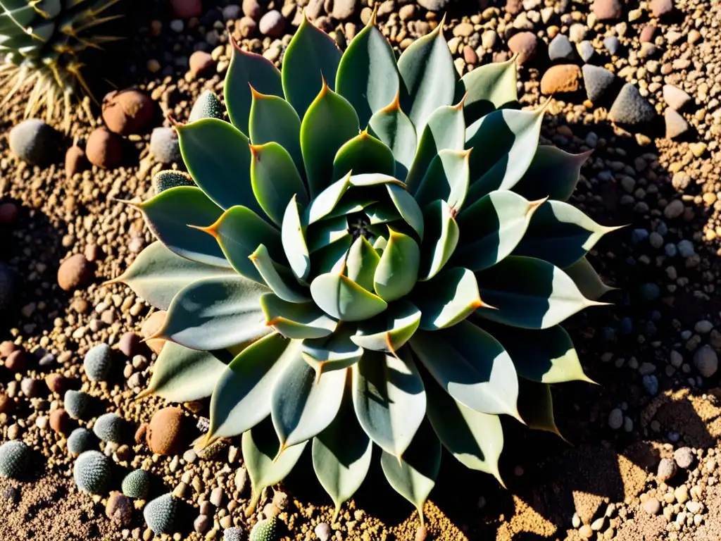 Un grupo de cactus y suculentas en un suelo rocoso y seco