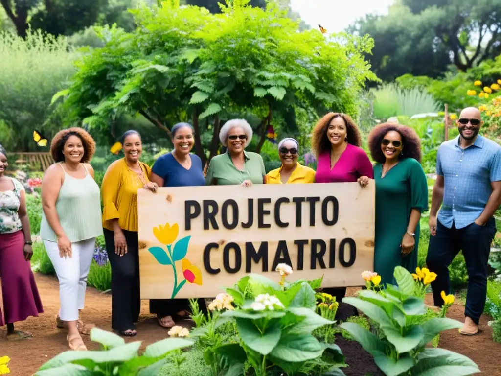 Un grupo unido en círculo sonriente rodeado de plantas en un jardín comunitario