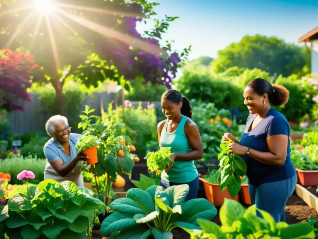 Un grupo unido de vecinos cuidando un jardín comunitario, mostrando colaboración y unidad