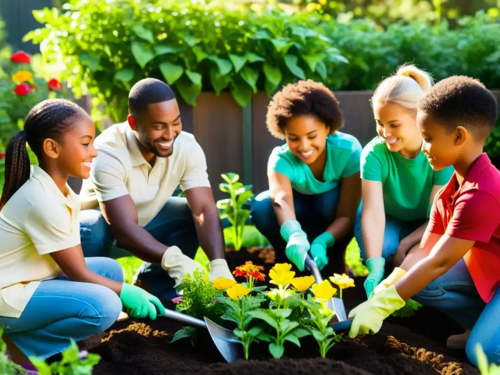 Grupo variado de niños y adultos trabajando en armonía en un jardín comunitario, rodeados de plantas vibrantes y flores coloridas