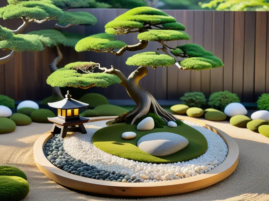 Una guía visual de estilos de bonsáis asiáticos en un jardín zen japonés con árboles bonsái y un farol de piedra cubierto de musgo