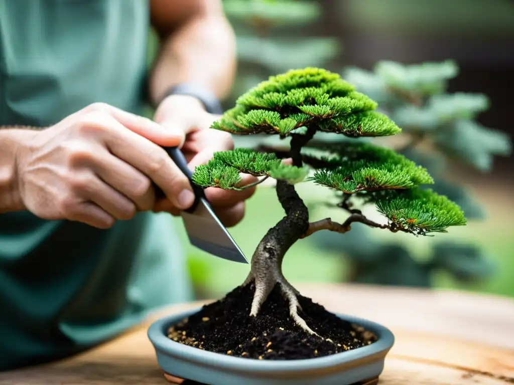 Un hábil jardinero realiza una delicada injertación de un bonsái, mostrando técnicas de propagación de bonsáis con precisión y cuidado artesanal