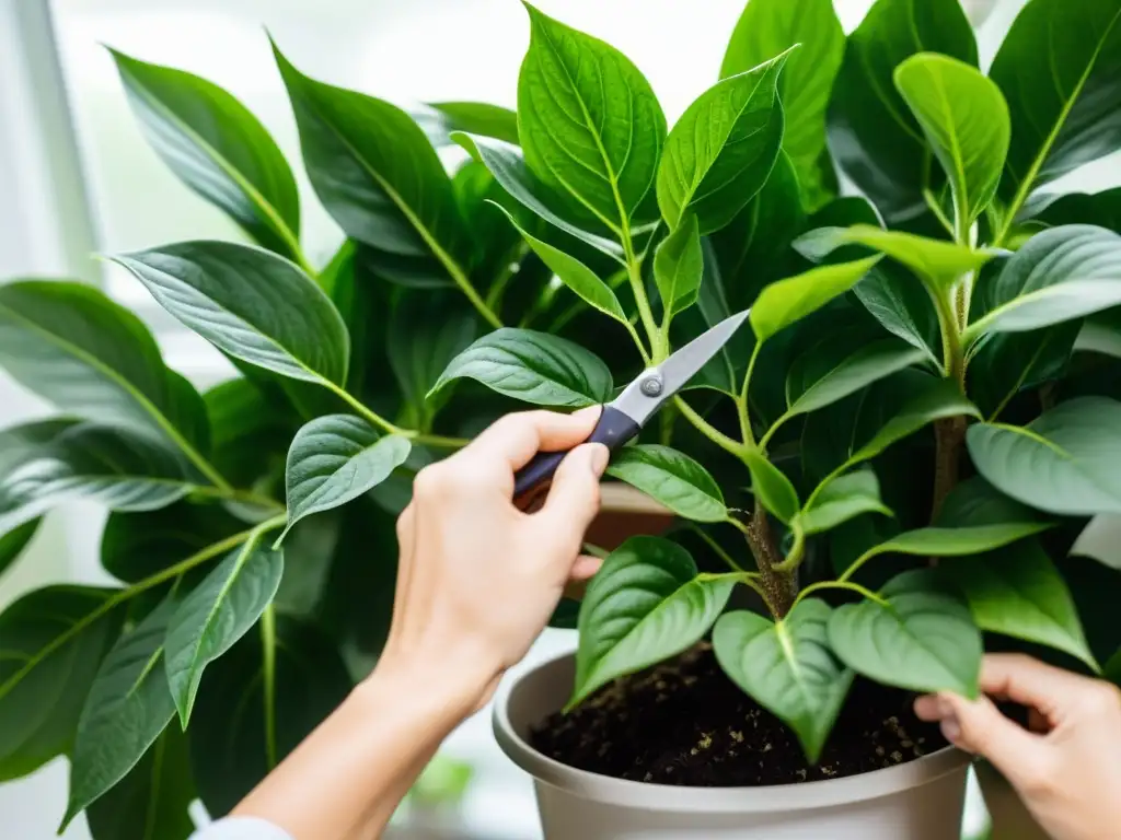 Con habilidad, manos recortan con precisión las hojas de una exuberante planta de interior