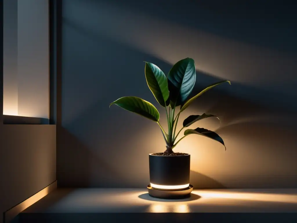 Una habitación oscura con una planta iluminada por luz nocturna, destacando los beneficios de la iluminación nocturna en las plantas