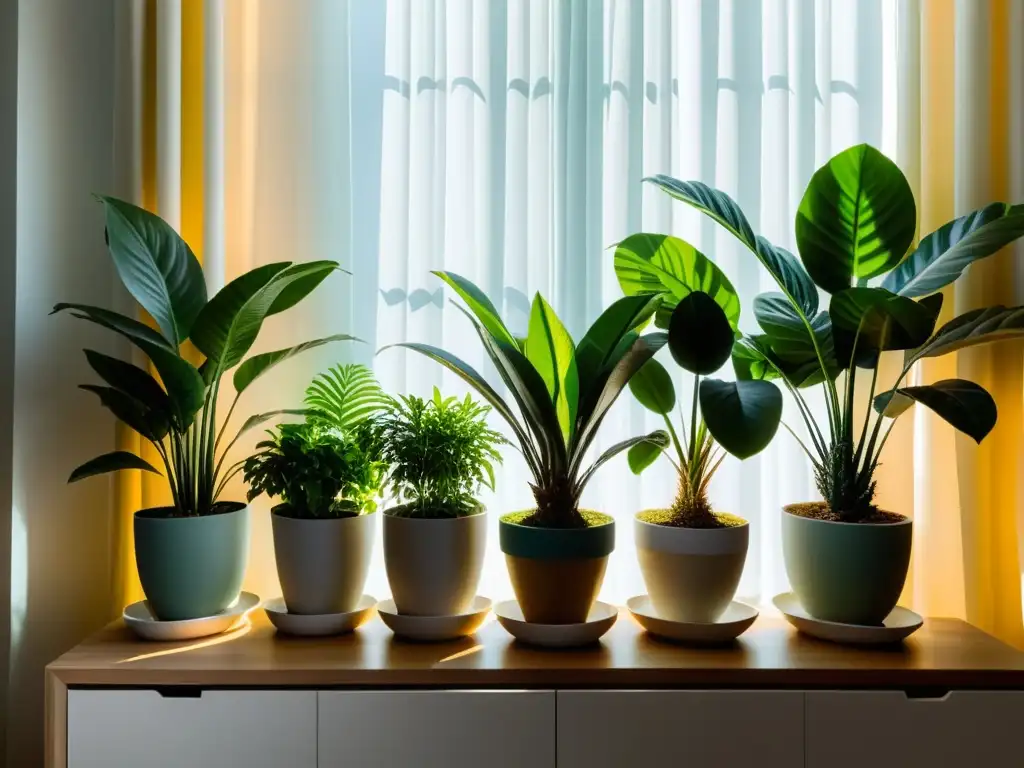 Una habitación serena iluminada por el sol, llena de exuberantes plantas de interior en macetas modernas