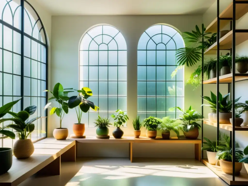 Una habitación serena iluminada por el sol con plantas de interior exuberantes, que crean una atmósfera tranquila