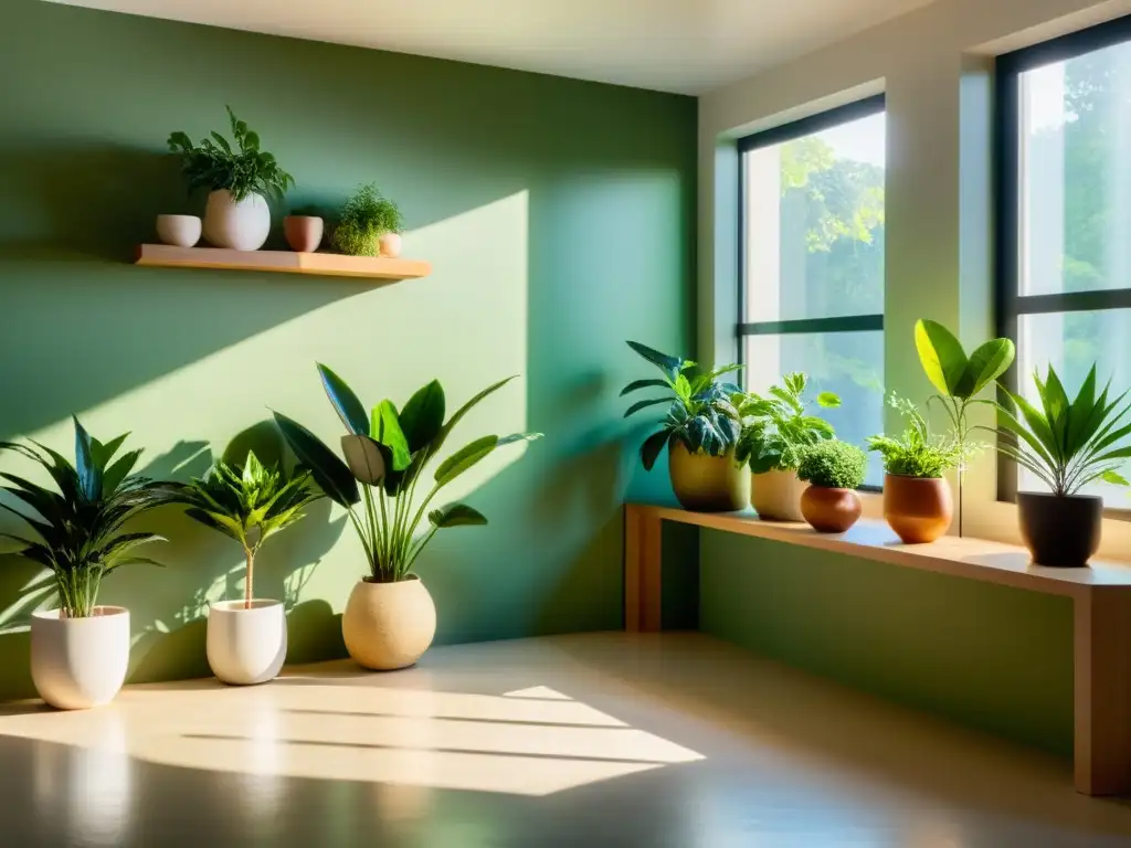 Espacio lleno de calma: plantas saludables en un ambiente soleado Una habitación serena y llena de luz solar con plantas de interior bien cuidadas
