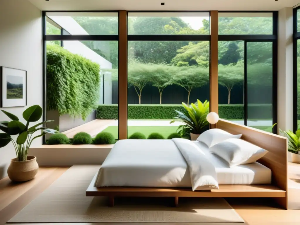 Una habitación serena y minimalista con grandes ventanas que dan a un exuberante y verde patio