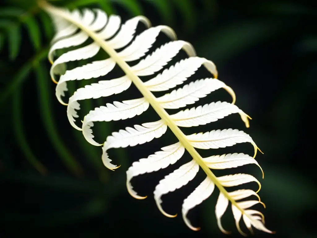 Un helecho albino desplegándose con delicadeza, destacando su belleza etérea