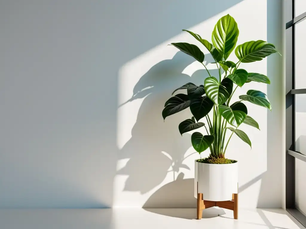 Un helecho exuberante en un soporte blanco moderno, bajo la luz suave del sol