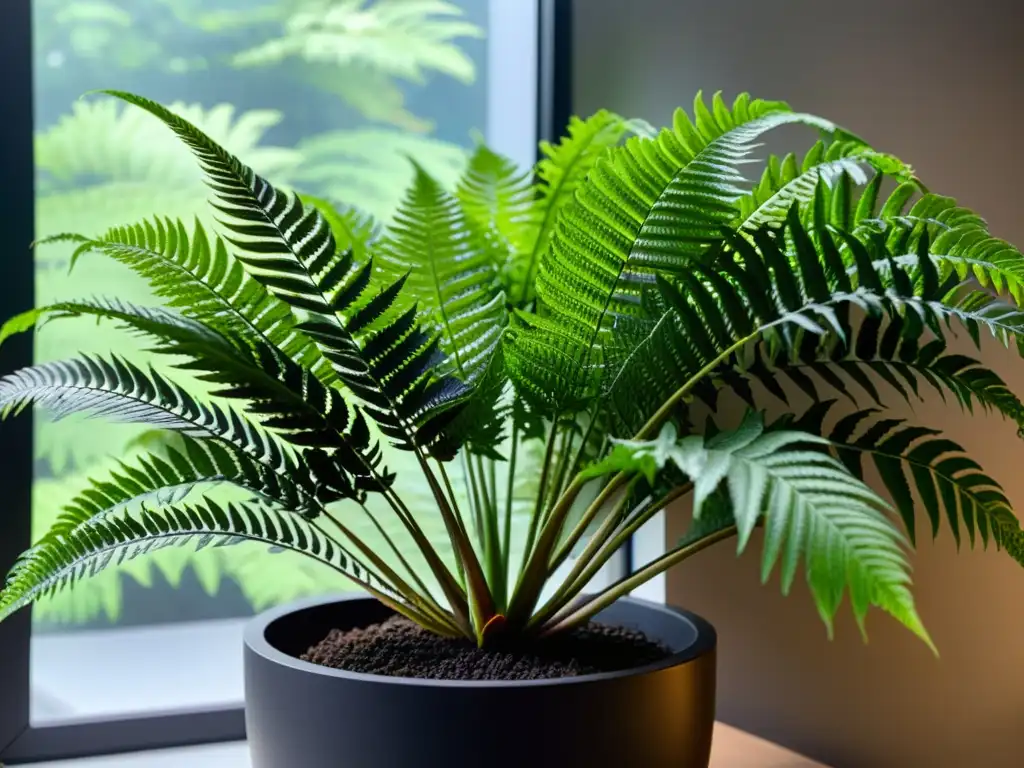 Un helecho exuberante y verde en un elegante macetero negro, iluminado por la luz natural