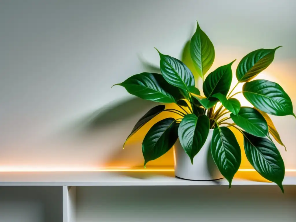 Un helecho verde brillante iluminado por luz cálida, en un estante blanco moderno