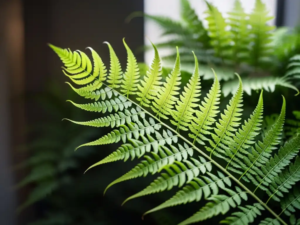 'Fotografía de alta resolución de helecho verde en un espacio interior con poca luz