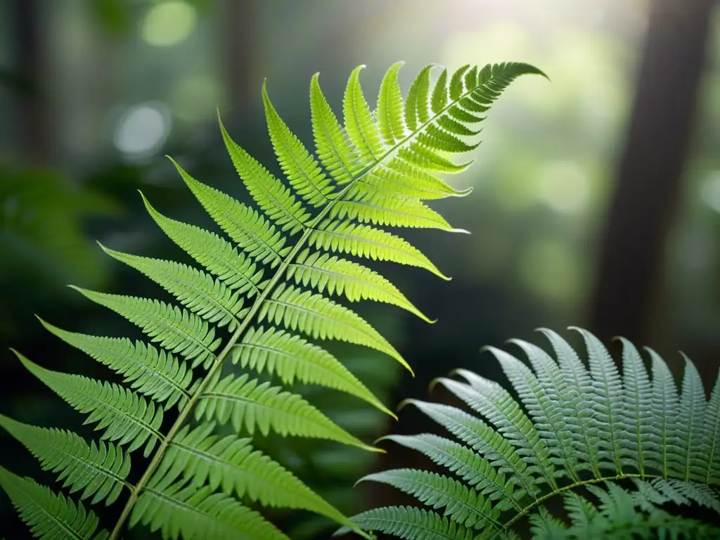 Un helecho verde exuberante se despliega bajo la luz suave del bosque, destacando sus delicadas venas