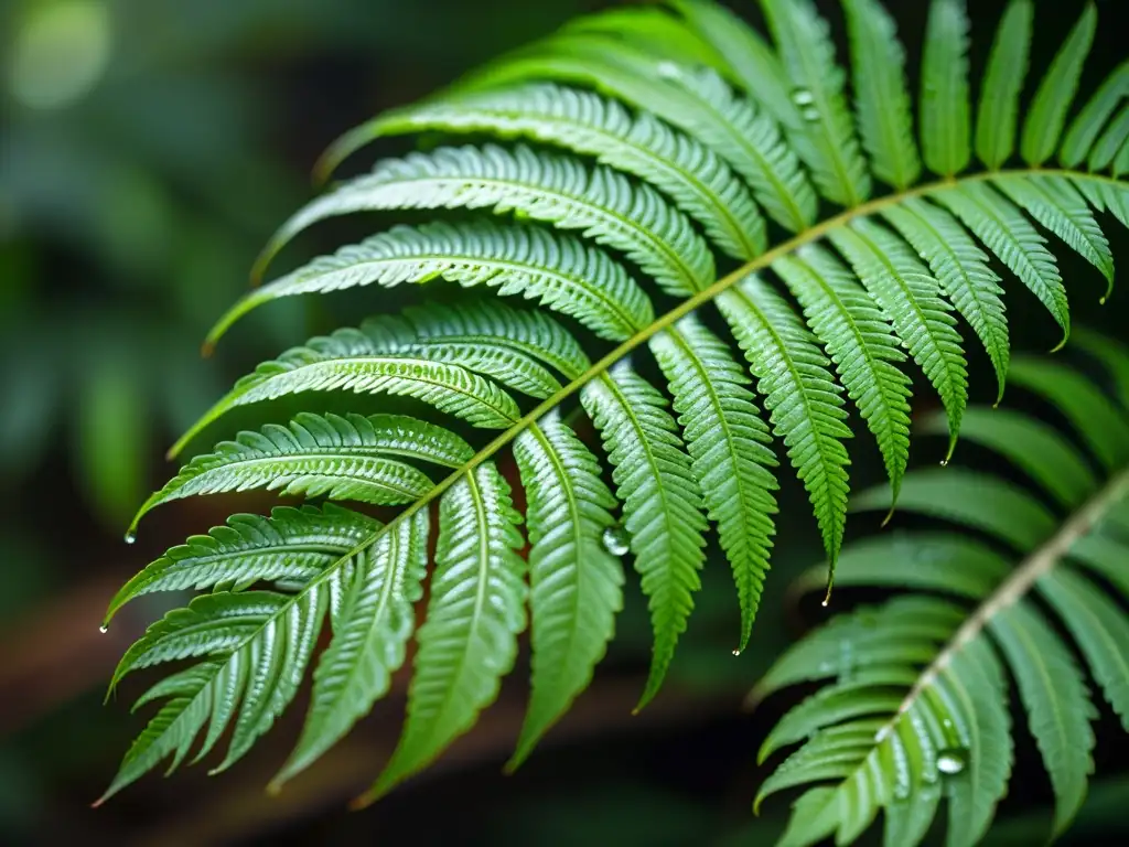 Helechos prehistóricos desplegándose con patrones e texturas delicadas y gotas de agua, bajo la suave luz del dosel del bosque