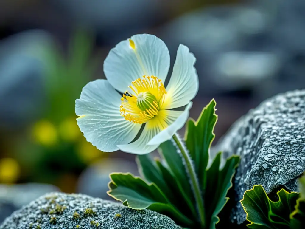 Una hermosa amapola ártica en plena floración, rodeada de rocas cubiertas de líquenes y musgo, iluminada por la suave luz natural