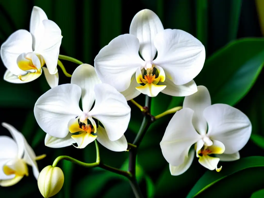 Hermosa orquídea blanca en contraste con hojas verdes, evocando tranquilidad en jardines de interior con plantas de clima frío