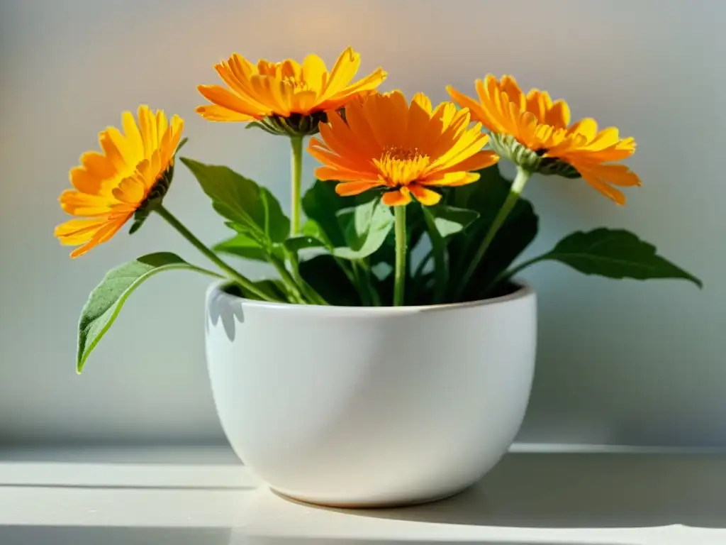 Una hermosa caléndula en flor, en un elegante macetero blanco, iluminada por la luz del sol